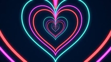 Colorful glowing neon-like heart tunnel background for Valentine's Day, Mother's Day, and Romantic motion graphic background in 4K resolution. Infinite Heart Tunnel. 4K seamless looping bg.