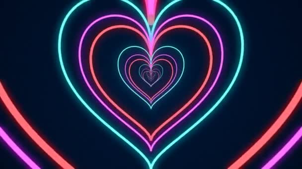 Colorful Glowing Neon Heart Tunnel Background Valentine Day Mother Day — 图库视频影像