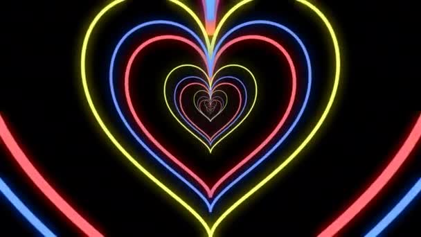 Colorful Glowing Neon Heart Tunnel Background Valentine Day Mother Day — 图库视频影像