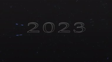 2023 Happy New Year text animation in black background metallic text with a gold border in 4K 60FPS.