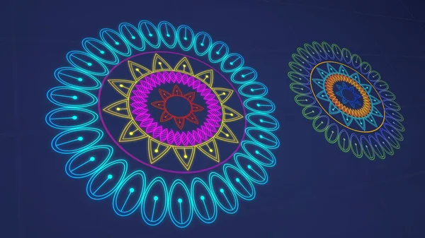Simple colorful VJ loop Mandala Kaleidoscope BG with 3d camera movement. Abstract retro style 3d vj loop background. Modern bg with grid.