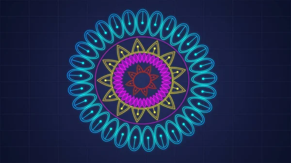 Simple colorful VJ loop Mandala Kaleidoscope BG with 3d camera movement. Abstract retro style 3d vj loop background. Modern bg with grid.