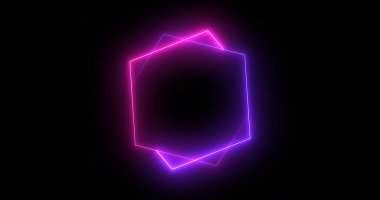 Hızlı hareket eden altıgen neon ışıklar retro-stil fütüristik teknoloji. Altıgen ışıklar animasyonu harekete geçiriyor. Siyah arkaplanda parlak renkli hareket eden neon ışığı.