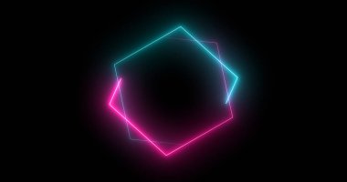 Hızlı hareket eden altıgen neon ışıklar retro-stil fütüristik teknoloji. Altıgen ışıklar animasyonu harekete geçiriyor. Siyah arkaplanda parlak renkli hareket eden neon ışığı.