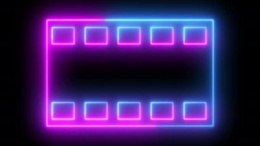 Neon film çerçeve şerit bant animasyonu 4K siyah arka planda. 3840x2160 animasyon film ikonu film şerit hareketi grafiği. Parlak medya film şeridi arkaplan görüntüsü.