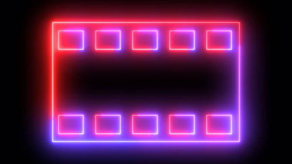 Neon film frame strip tape in black background.Animated retro-style film icon film strip motion graphic. Glowing media movie strip icon background.