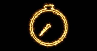 Siyah arka planda ateş gibi kronometre simgesi gibi yanan grafikler. Kronometre saat animasyonu. Zamanlayıcı dur çevir başlat ve durdur.