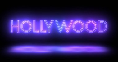 Hollywood neon hareketli çizgileri siyah arkaplanda metin animasyonu. Hollywood logosu aydınlatılmış neon tarzı floresan borular gece kulübü hareketi marka, trafik, kumarhane, yenilik retro tarzı.