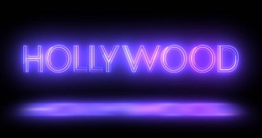 Hollywood neon hareketli çizgileri siyah arkaplanda metin animasyonu. Hollywood logosu aydınlatılmış neon tarzı floresan borular gece kulübü hareketi marka, trafik, kumarhane, yenilik retro tarzı.