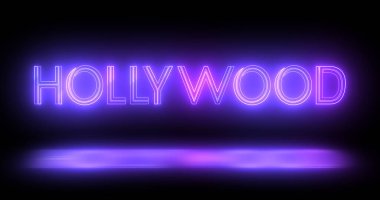 Hollywood neon hareketli çizgileri siyah arkaplanda metin animasyonu. Hollywood logosu aydınlatılmış neon tarzı floresan borular gece kulübü hareketi marka, trafik, kumarhane, yenilik retro tarzı.