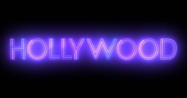 Hollywood neon hareketli çizgileri siyah arkaplanda metin animasyonu. Hollywood logosu aydınlatılmış neon tarzı floresan borular gece kulübü hareketi marka, trafik, kumarhane, yenilik retro tarzı.