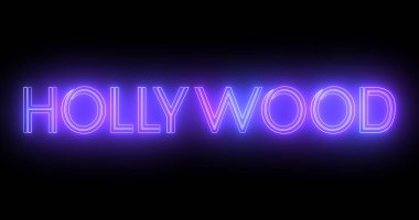 Hollywood neon hareketli çizgileri siyah arkaplanda metin animasyonu. Hollywood logosu aydınlatılmış neon tarzı floresan borular gece kulübü hareketi marka, trafik, kumarhane, yenilik retro tarzı.