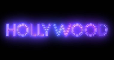 Hollywood neon hareketli çizgileri siyah arkaplanda metin animasyonu. Hollywood logosu aydınlatılmış neon tarzı floresan borular gece kulübü hareketi marka, trafik, kumarhane, yenilik retro tarzı.