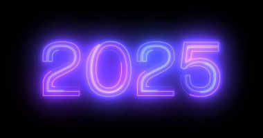 2025 Mutlu Yıllar Gece Kulübü floresan neon tabela arka planı. 3d tipografi izole edilmiş bg satırlarında parıldayan kutlama hareketi grafiksel animasyonu.