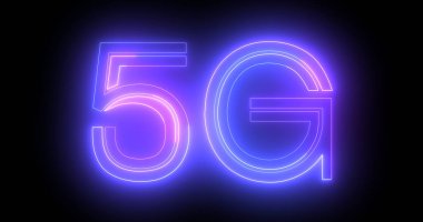 Siyah arkaplan üzerinde hareket eden 5G neon arkaplan metni, kablosuz geniş bant bağlantıları ile küresel ağ ve dijital gelecek kavramı. Bulut hesaplama, kodlama ve programlama için ikili bg.