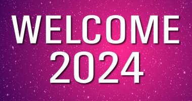 Hoş geldiniz, 2024 zarif kar yağışı arka planı. Sonsuz başarı fırsatları için yeni bir başlangıç. Yeni yıl için neşeli bir hoş geldin arkaplanı. Karlı tebrik kartı bg.