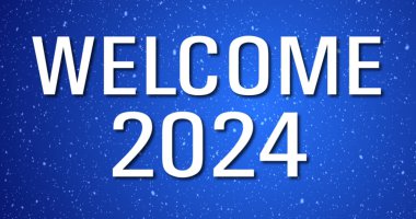 Hoş geldiniz, 2024 zarif kar yağışı arka planı. Sonsuz başarı fırsatları için yeni bir başlangıç. Yeni yıl için neşeli bir hoş geldin arkaplanı. Karlı tebrik kartı bg.