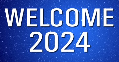 Hoş geldiniz, 2024 zarif kar yağışı arka planı. Sonsuz başarı fırsatları için yeni bir başlangıç. Yeni yıl için neşeli bir hoş geldin arkaplanı. Karlı tebrik kartı bg.