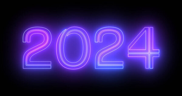 2024 Happy New Year Electric bright typography decoration fluorescent bg. Line moving celebration futuristic banner backdrop for 2024 black bg. Neon nightclub sign bg for New Year's Eve.
