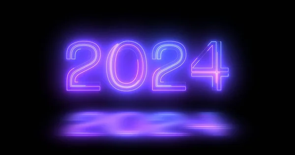 2024 ハッピーニューイヤー 電気明るいタイポグラフィ装飾蛍光Bg 2024 ブラック のための未来的な旗の背景を動かすライン ネオン ナイトクラブ 大晦日にサインBg — ストック写真