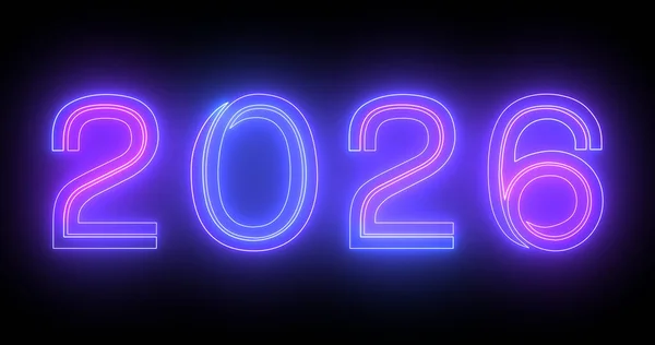 2026 Happy New Year\'s Eve nightclub fluorescent neon sign background. Glittering celebration motion graphic countdown animation for 2026 in 3d typography isolated moving lines bg.