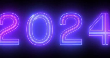 4K 2024 Mutlu Yeni Yıl Elektrikli parlak tipografi floresan bg. UHD siyah bg 'de 2024 için çizgi hareketi fütüristik afiş arkaplanı. Neon gece kulübü tabelası Yeni yıl arifesi için bg.