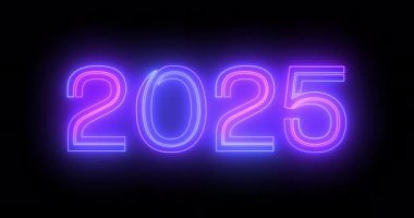 4K 2025 Mutlu Yıllar Gece Kulübü floresan neon tabela arka planı. 3d tipografide parıltılı kutlama hareketi grafik animasyonu izole edilmiş çizgi bg in 4096x2160.