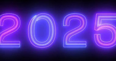 4K 2025 Mutlu Yıllar Gece Kulübü floresan neon tabela arka planı. 3d tipografide parıltılı kutlama hareketi grafik animasyonu izole edilmiş çizgi bg in 4096x2160.