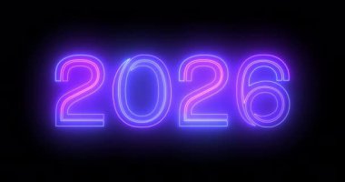 4K 2026 Mutlu Yıllar Gece Kulübü floresan neon tabela arka planı. 3D tipografi ile 2026 için parıltılı kutlama hareketi grafiksel animasyonu 4096x2160 bg.