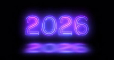 4K 2026 Mutlu Yıllar Gece Kulübü floresan neon tabela arka planı. 3D tipografi ile 2026 için parıltılı kutlama hareketi grafiksel animasyonu 4096x2160 bg.
