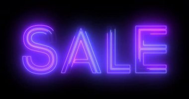 4K indirimli animasyon neon metin tipografisi arkaplanı siyah. İşletmeler, dükkanlar, perakendeciler, mağazalar, geçiş izni, pazarlar için indirimli reklam pankartı tasarımı. Hafta sonu gece hayatı şablonu..