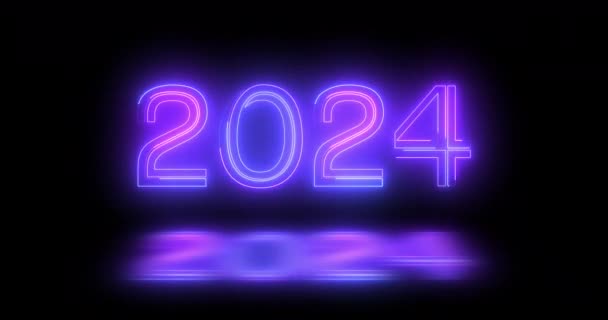 2024新年快乐电明亮的排字装饰荧光屏 2024年在Uhd黑色Bg线移动庆祝未来主义旗帜背景 新年前夜尼昂夜总会的招牌 — 图库视频影像