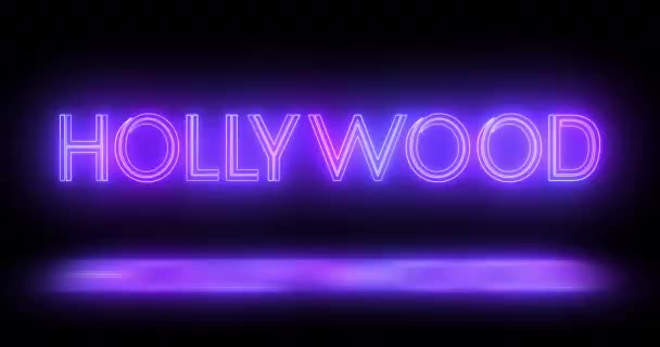 Hollywood Linee Neon Animazione Testo Movimento Sfondo Nero Hollywood Logo — Video Stock