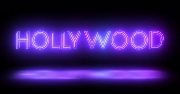 Hollywood Neon Linhas Móveis Animação Texto Sobre Fundo Preto Logotipo — Vídeo de Stock