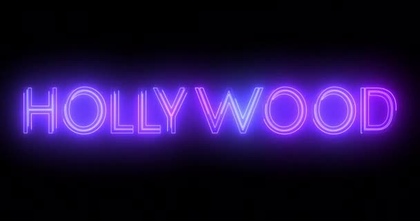 Hollywood Neon Moving Lines Textanimation Auf Schwarzem Hintergrund Hollywood Logo — Stockvideo