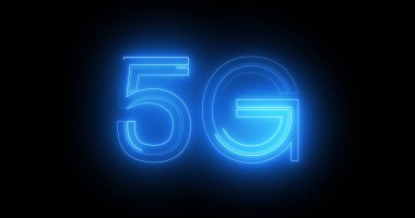 Siyah arkaplan üzerinde hareket eden 5G neon arkaplan metni, kablosuz geniş bant bağlantıları ile küresel ağ ve dijital gelecek kavramı. Bulut hesaplama, kodlama ve programlama için ikili bg.