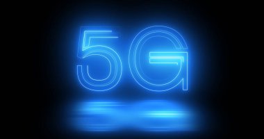 Siyah arkaplan üzerinde hareket eden 5G neon arkaplan metni, kablosuz geniş bant bağlantıları ile küresel ağ ve dijital gelecek kavramı. Bulut hesaplama, kodlama ve programlama için ikili bg.