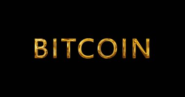 Bitcoin dijital para birimi tipografik altın animasyonu. Kripto para birimi finans ve teknoloji geçmişi. Zenginlik ticareti ve ekonomik ağ hareketi grafiği. Altın para gibi parlıyor.