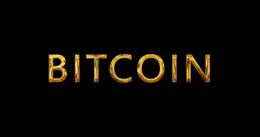 Bitcoin dijital para birimi tipografik altın animasyonu. Kripto para birimi finans ve teknoloji geçmişi. Zenginlik ticareti ve ekonomik ağ hareketi grafiği. Altın para gibi parlıyor.