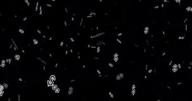 4K dolarlık işaret yağmuru parçacık arkaplanını hareket ettiriyor. Kusursuz döngü dolar yağmuru ekonomik altın ve tasarruf için animasyonu örtüyor. Beyaz dolar para birimi sembolü hareket grafiğinde uçar. Şans matrisi