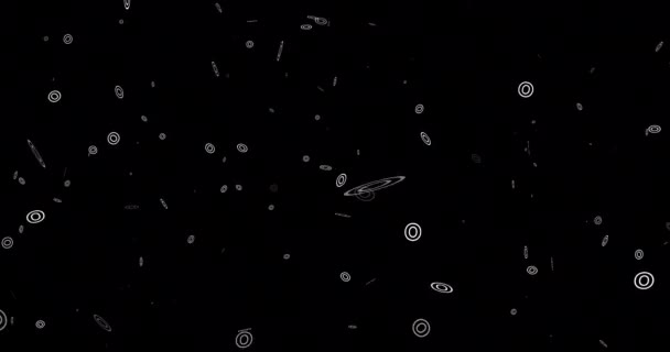 4KフライングOダブルリング円ストロークコインは 粒子シームレスオーバーレイのような 白い色の円に落ちる幾何学的な形のような実質の塵 輝くボケのブリュールエルフ妖精ファンタジーリング リングの落下 — ストック動画