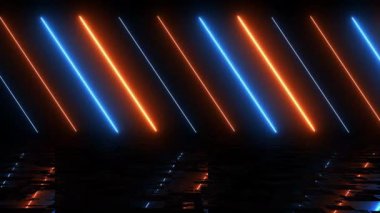 Yansıtıcı, sonsuz neon ışıklı, fütüristik arka plan stüdyo lazer konsepti 4K. Sahne, görsel teknoloji yansıması fantazisi parlak çizgili ışınlar hareket döngüsü gösteriyor. Disko galaksisi..