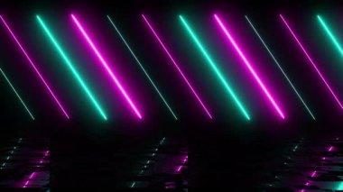 Yansıtıcı, sonsuz neon ışıklı, fütüristik arka plan stüdyo lazer konsepti 4K. Sahne, görsel teknoloji yansıması fantazisi parlak çizgili ışınlar hareket döngüsü gösteriyor. Disko galaksisi..
