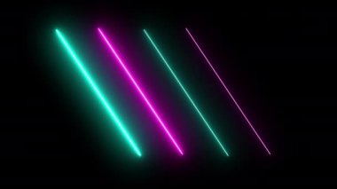 Fütürist retro tarzı neon renkli şeritler disko gece kulübü için bg 'yi hareket ettiriyor. Modern konser ödülü aydınlatılmış siber uzay titreşimi için 4K stok görüntüsü arkaplanı gösteriyor. Canlı radyasyon spektrumu moda klibi.