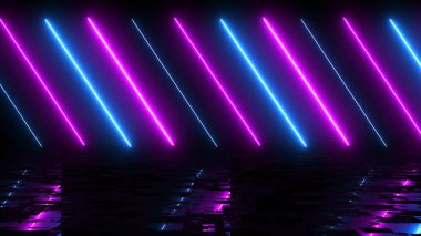 Yansıtıcı, sonsuz neon ışıklı, fütüristik arka plan stüdyo lazer konsepti. Sahne gösterimi sanal teknoloji yansıması fantazisi parlak çizgili ışınlar. Disko galaksisi illüstrasyonu..