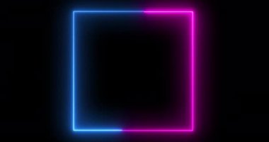 4K 'de renkli neon renkli parlak çizgili kare çerçeve animasyonu. Kare ekran kutusu neon çerçeve modern ekran sunum projeksiyonu 3d görüntüleme ögesi siyah. Asgari tasarım sınır varlık klibi.