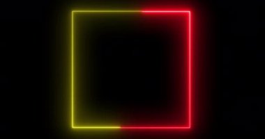 4K 'de renkli neon renkli parlak çizgili kare çerçeve animasyonu. Kare ekran kutusu neon çerçeve modern ekran sunum projeksiyonu 3d görüntüleme ögesi siyah. Asgari tasarım sınır varlık klibi.