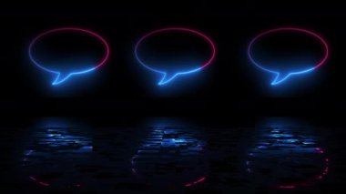 Sohbet köpük mesajı simgesi 3 animasyon siyah bg 4K. Neon yazma yansıtıcı iletişim sosyal medya mobil ekran uygulaması konuşma baloncuğu hareketi grafiksel varlığı. Konuşma çizgi film konuşması.