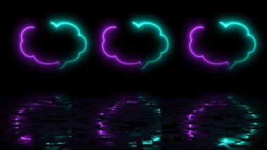 Bulut biçimli metin msg simgesi canlandırma yansıtıcı siyah bg. Sohbet mesajlaşması çizgi film stili modern neon ışıklı konuşma neon bulutlu düşünce işareti yazma..