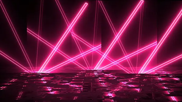 Renkli soyut neon ışıklar sahne gösterisi ödüllerini yansıtıyor. Modayı takip eden neon hatları 3d bg ultraviyole fütüristik stüdyo fx şirket arkaplanı 3d şifreleme para birimi bg.